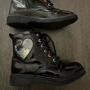 Little girl shiny black combat boots size 1 and crocs size 13